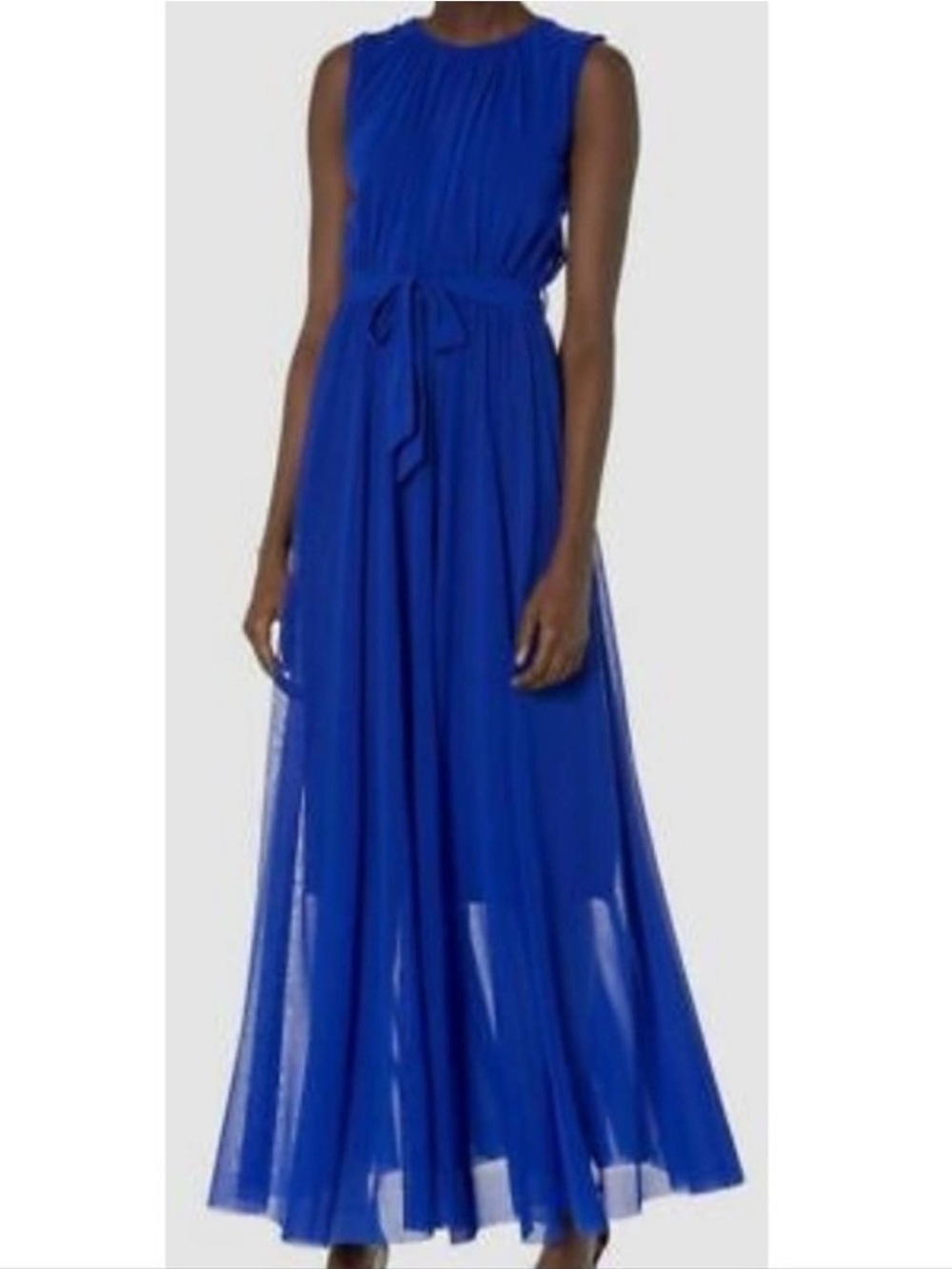Fuzzi Blue Belted Sleeveless Mesh Gathered Maxi Dress Size M